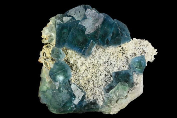 Cubic, Blue-Green Fluorite Crystals on Quartz - China #121995